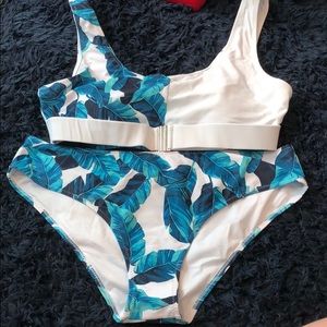 White and blue leaf swim top